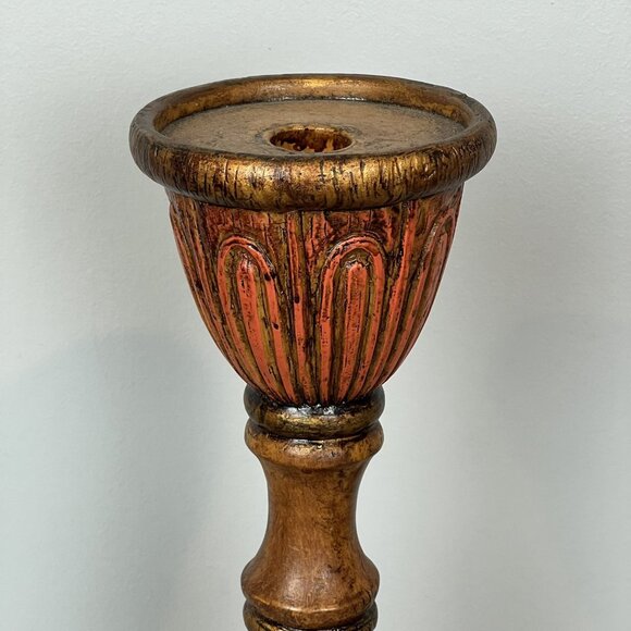Carved Candle Holder Colorful Wood Slight Gold Tones 12” - Picture 5 of 12